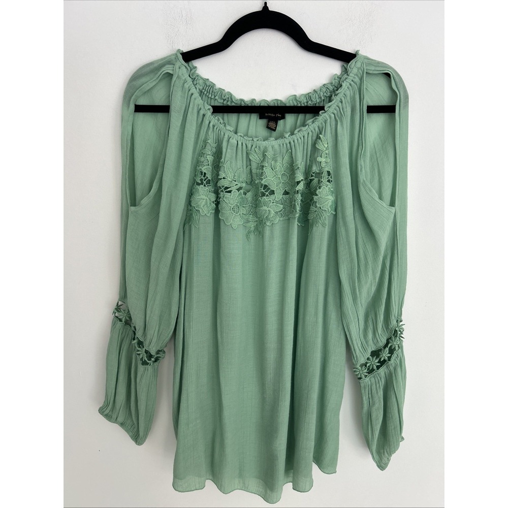 Melissa Paige Large Sage Green Floral Lace Crochet Long Sleeve Boho Flowy Blouse - Picture 8 of 10